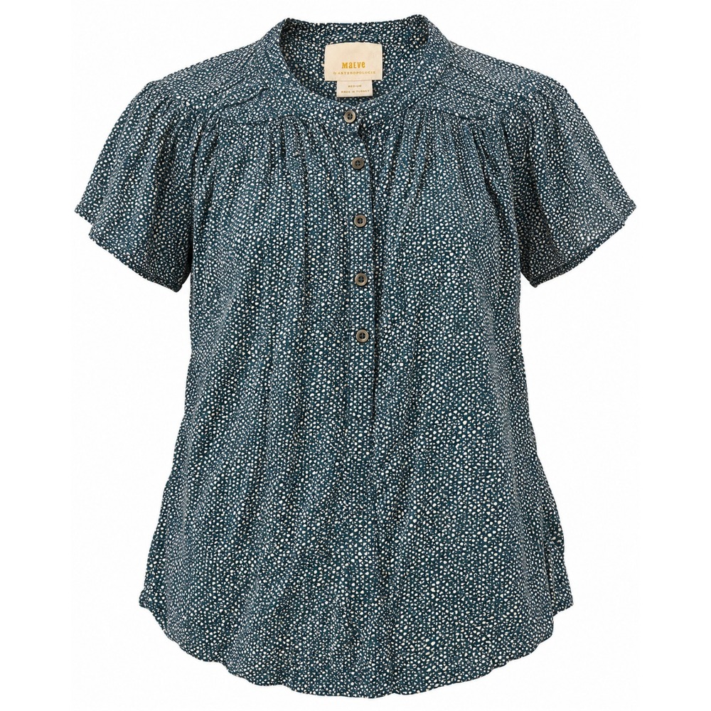 Maeve Anthropologie Blue Cream Geometric Henley M Short Sleeve Blouse OB95850